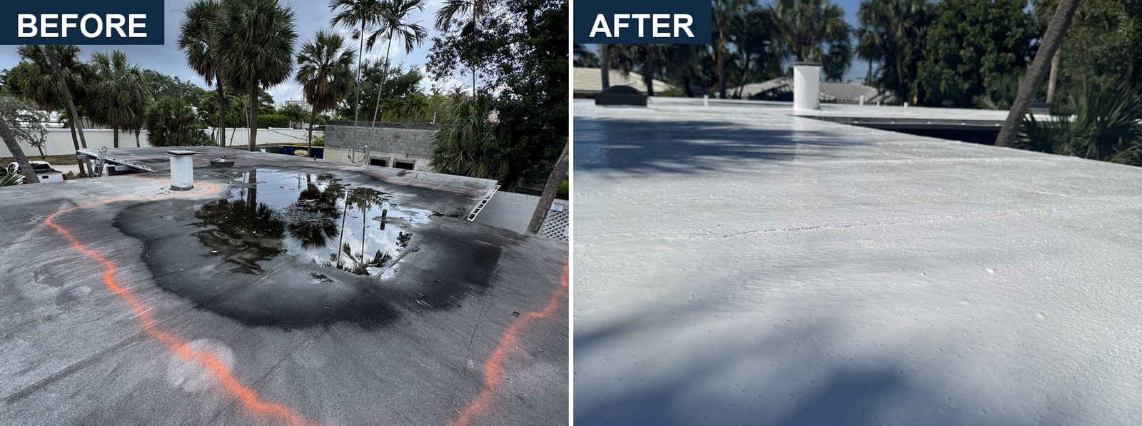Flat roof before and after waterproof coating in Fort Lauderdale By The Sea