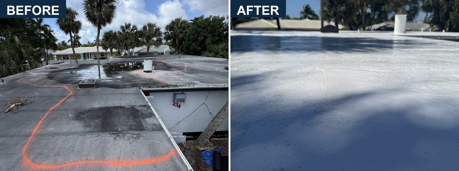 Ponding flat roof resealed with white waterproof coating in Fort Lauderdale By The Sea